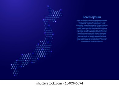 Japan map from futuristic hexagonal shapes, lines, points  blue and glowing stars in nodes, form of honeycomb or molecular structure for banner, poster, greeting card. Vector illustration.