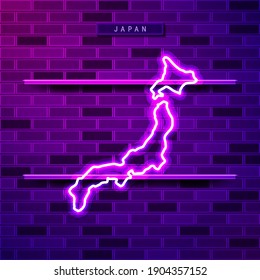 Japan Map Glowing Neon Lamp Sign. Realistic Vector Illustration. Country Name Plate. Purple Brick Wall, Violet Glow, Metal Holders.