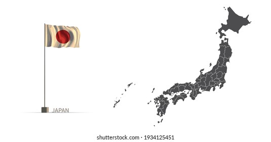 Japan map. gray national vector map, and flag 3d illustration.