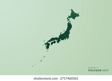 Mapa de Japón - Ilustración vectorial de estilo de polígono verde, diseño geométrico de bajo poli con silueta limpia sobre fondo verde suave.