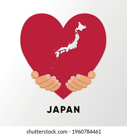 Japan Map in heart shape hold by hands vector illustration design
