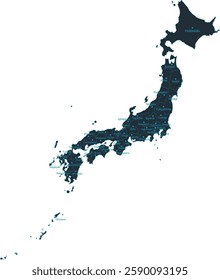 Japan map high detailed with administrative divide by state, capital cities names, outline simplicity style. Vector illustration EPS10.