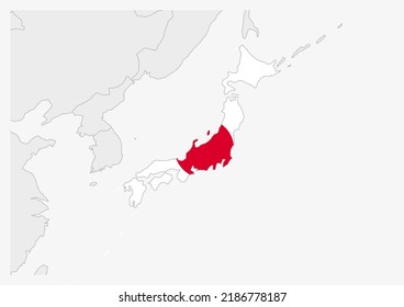 Mapa japonés resaltado en los colores de la bandera japonesa, mapa gris con los países vecinos.
