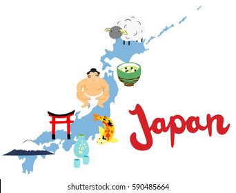 Japan Map with Iconic Objects