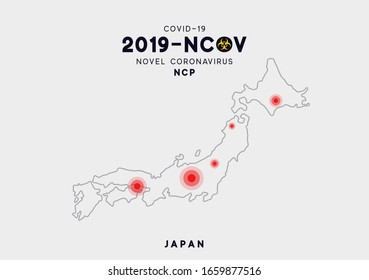 Japan Map infographics, Localization of the outbreak of Virus Covid 19. Novel Coronavirus (2019-nCoV). China pathogen respiratory coronavirus 2019-nCoV. nCoV denoted is single-stranded RNA virus.