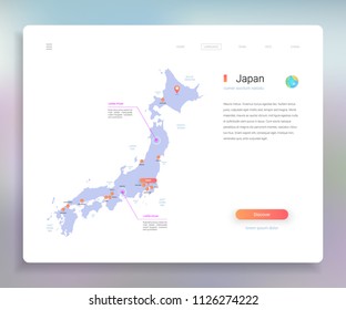 Japan map infographics vector template with cities, capital Tokyo and pointer marks.
