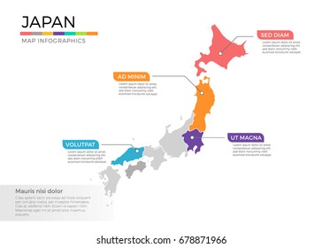 Japan map infographics vector template with regions and pointer marks