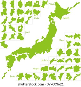 Japan map. Japanese prefectures. hand drawn illustration.