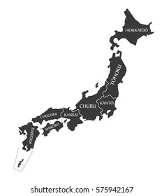 Japan Map labelled black illustration