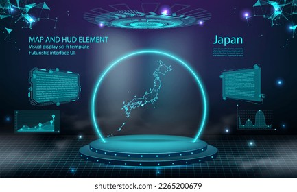 japan map light connecting effect background. abstract digital technology UI, GUI, futuristic HUD Virtual Interface with japan map. Stage futuristic podium in fog.