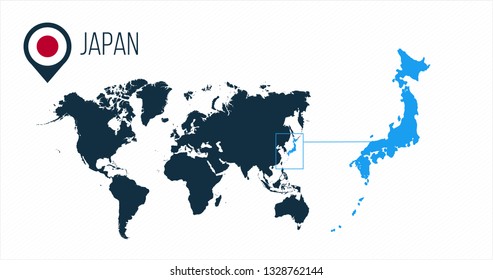 Japan map located on a world map with flag and map pointer or pin. Infographic map. Vector illustration isolated on white background.