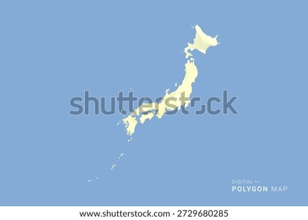 Japan Map in low poly polygon vector style, geometric shape illustration with soft yellow tones on blue background, clean silhouette for infographic.