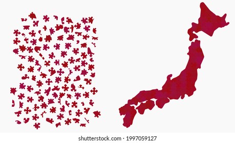 Japan map made out of different shades red - national color - jigsaw puzzle pieces, 126 scattered blocks and finished version