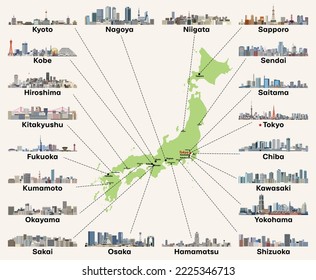 Japan map with main cities skylines. Vector illustration