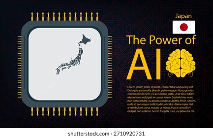 Japan map with microchip war and AI concept on circuit board, Power of AI with country map. Global connectivity with big data. Design for UI backgrounds or FinTech projects.