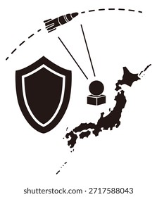 Mapa do Japão com Radar de Defesa de Mísseis e Silhueta de Escudo Vetor - Conceito de Segurança Nacional