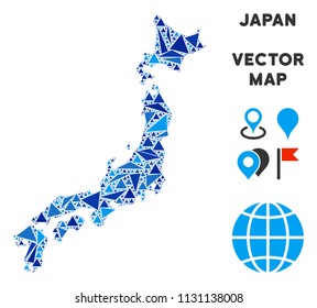 Japan map mosaic of blue triangle items in various sizes and shapes. Vector triangles are composed into geographic Japan map mosaic. Geometric abstract vector illustration in blue color tints.