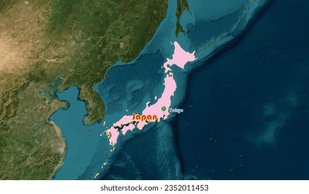 Japan map on the world background. The country is an Asian member, known for its raw fish cuisine like sushi, sashimi and sustainable products like autos. A 3D pushpin showing capital city of Tokyo