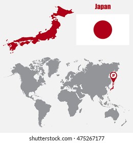 Japan map on a world map with flag and map pointer. Vector illustration