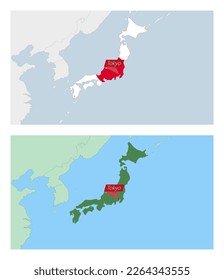 Japan map with pin of country capital. Two types of Japan map with neighboring countries. Vector template.