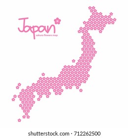 Japan map with pink sakura, cherry blossom blooming flower on a white background, vector illustration
