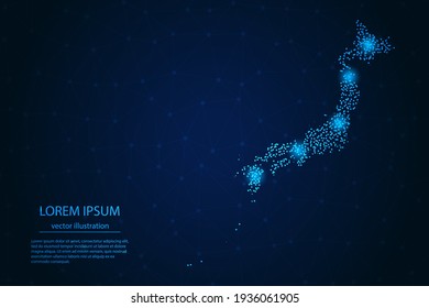 Mapa de Japón desde el azul del punto y estrellas brillantes en un fondo oscuro. Vector eps 10.