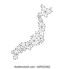 Japan map of polygonal mosaic lines network, rays and dots vector illustration.