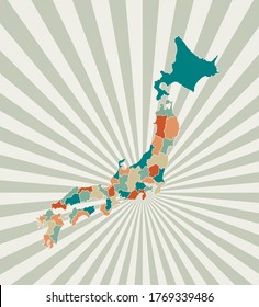 Japan map. Poster with map of the country in retro color palette. Shape of Japan with sunburst rays background. Vector illustration.