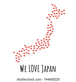Japan Map with red hearts- symbol of love. abstract background with text We Love Japan. vector illustration. Print for t-shirt