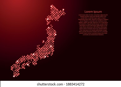 Mapa de Japón con rombos de patrones rojos de diferentes tamaños y rejilla de estrellas espaciales brillantes. Ilustración vectorial. 
