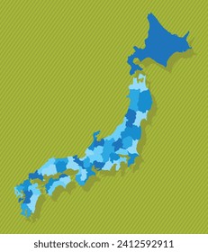 Japan map with regions blue political map green background vector illustration