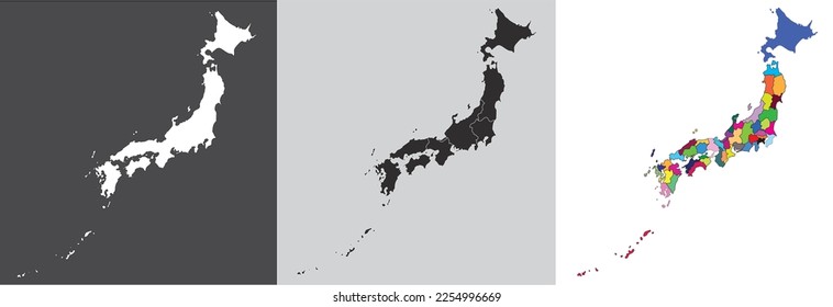 Japan map set with gray and color. Vector with Okinawa Islands.