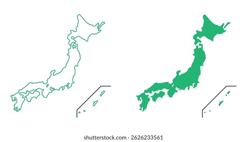 Mapa do Japão em verde - desenhos de linha e silhueta