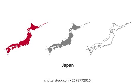 Mapa do Japão. Vetor do mapa do Japão. Mapa do Japão em vermelho, cinza e contorno