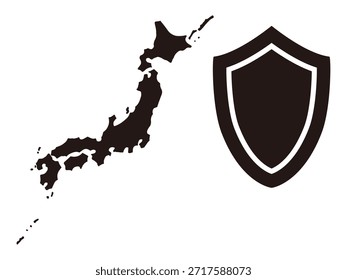 Ilustração de vetor de silhueta de escudo e mapa do Japão para segurança e defesa