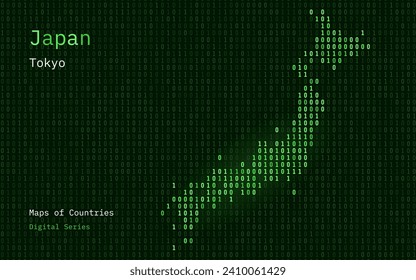 Japan Map Shown in Binary Code Pattern. TSMC. Blue Matrix numbers, zero, one. World Countries Vector Maps. Digital Series