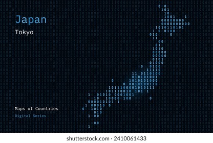 Japan Map Shown in Binary Code Pattern. TSMC. Blue Matrix numbers, zero, one. World Countries Vector Maps. Digital Series