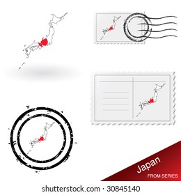 Japan map, stamps and postcard set from series.