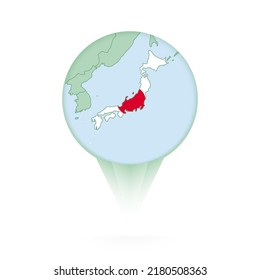 Japan map, stylish location icon with Japan map and flag. Green pin icon.
