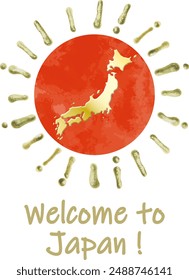 Japón mapa y sol bienvenido Japón icono, Vector