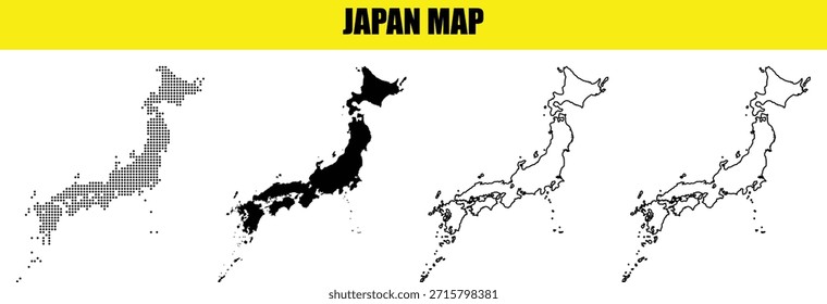 Silhueta de coleção de vetor de mapa do Japão, matriz de pontos e conjunto de estilos de estrutura de tópicos para design e infográficos