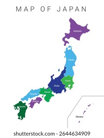 Mapa do Japão Ilustração vetorial com regiões, Mapa vetorial colorido do Japão, Desenho vetorial colorido, fronteiras geográficas, Mapa político do Japão com regiões, províncias japonesas. EPS 10