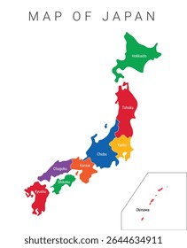 Japan map Vector illustration with regions, Color vector map of Japan, Colorful map vector drawing, geographical borders, political Map of Japan with regions, Japanese provinces. EPS 10