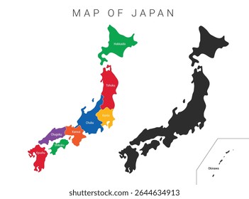 Mapa do Japão Ilustração vetorial com regiões, Mapa vetorial colorido do Japão, Desenho vetorial colorido, fronteiras geográficas, Mapa político do Japão com regiões, províncias japonesas. EPS 10