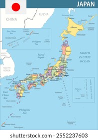 Japan Map Vector New 2024 Colorful - Customizable layered political map of Japan with administrative divisions for website, education, reports, news, politics, print, poster and wallpaper