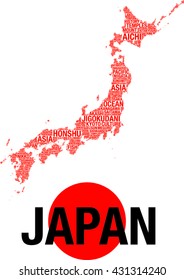 japan map vector tag cloud illustration with red words on a white background