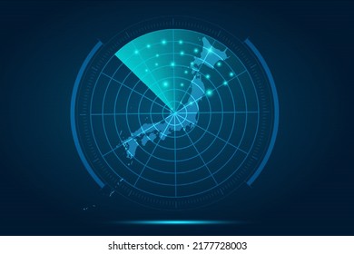 Japan Map - Weltkarte Internationale Vektorvorlage mit futuristischem Circle Radar Stil HUD, GUI, UI-Schnittstelle einzeln auf blauem Hintergrund für Design, Infografik - Vektorgrafik eps10