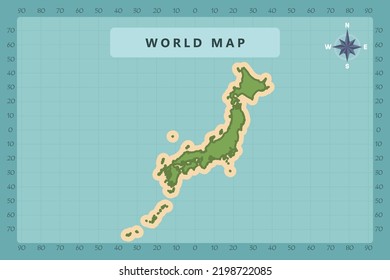 Japan Map - World Map International vector template High detailed with green and cream color isolated on blue background including Compass Rose icon - Vector illustration eps 10