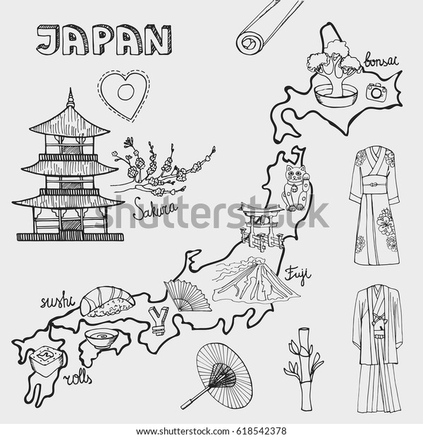 Japan Mapvector Doodle Elementsvintage Japanese Hand Stock Vector ...