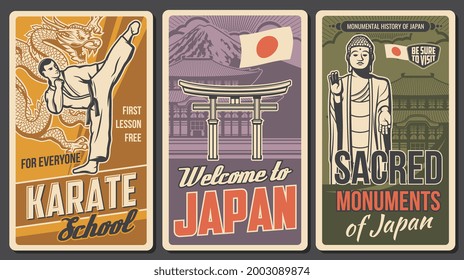 Japan martial art, sacred places retro posters. Karate fighter in kimono striking high kick, Ushiku Great Buddha statue and torii gate vector. Karate school, welcome to Japan vintage banners